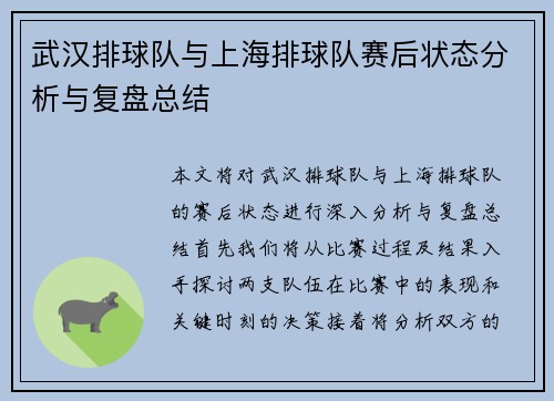 武汉排球队与上海排球队赛后状态分析与复盘总结